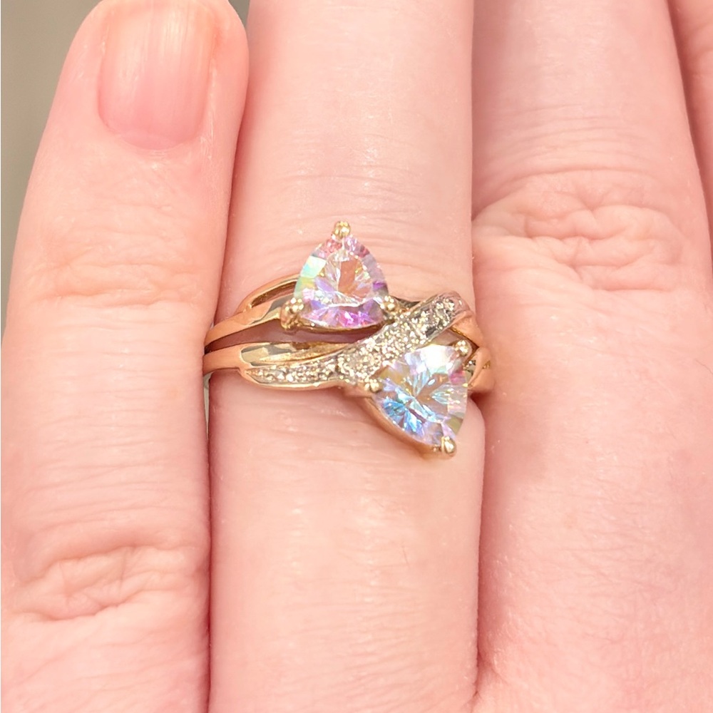 14K Titanium Quartz Diamond Ring Double Trillion Cut Aurora Iridescent 6.25 - Picture 5 of 15